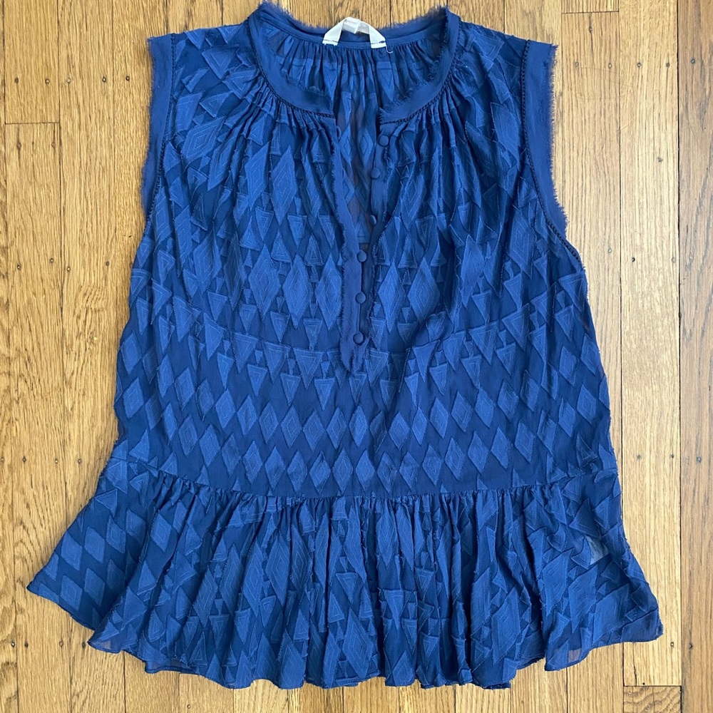 Rebecca Taylor Navy Textured Sleeveless Peplum Blouse